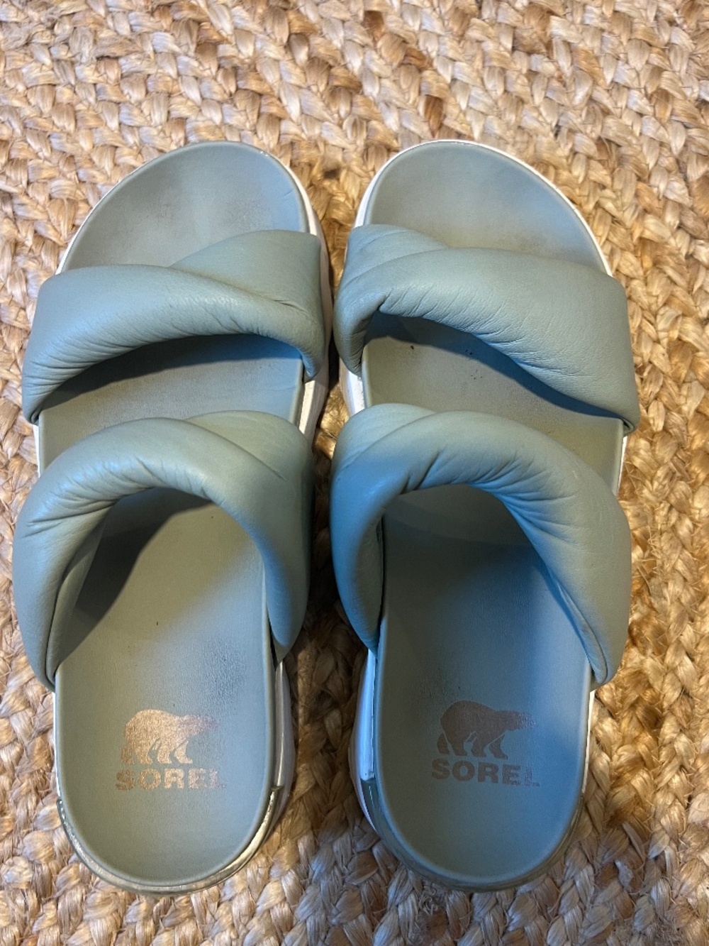 Sage Green Sorel Vibe Twist Slide Sandals with White Sole